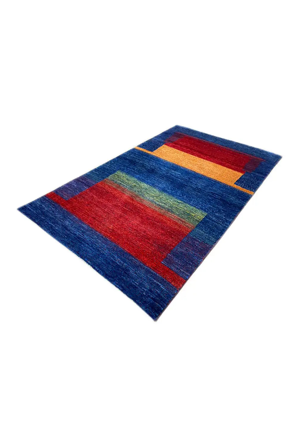Gabbeh rug (168x105 cm), rectangular, angled view with color blocks in red and blue