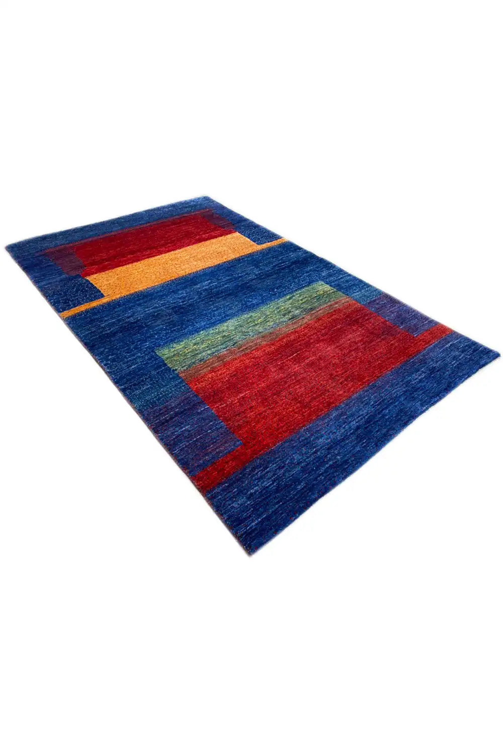 Gabbeh rug (168x105 cm), diagonal view, color fields in red, green, and blue