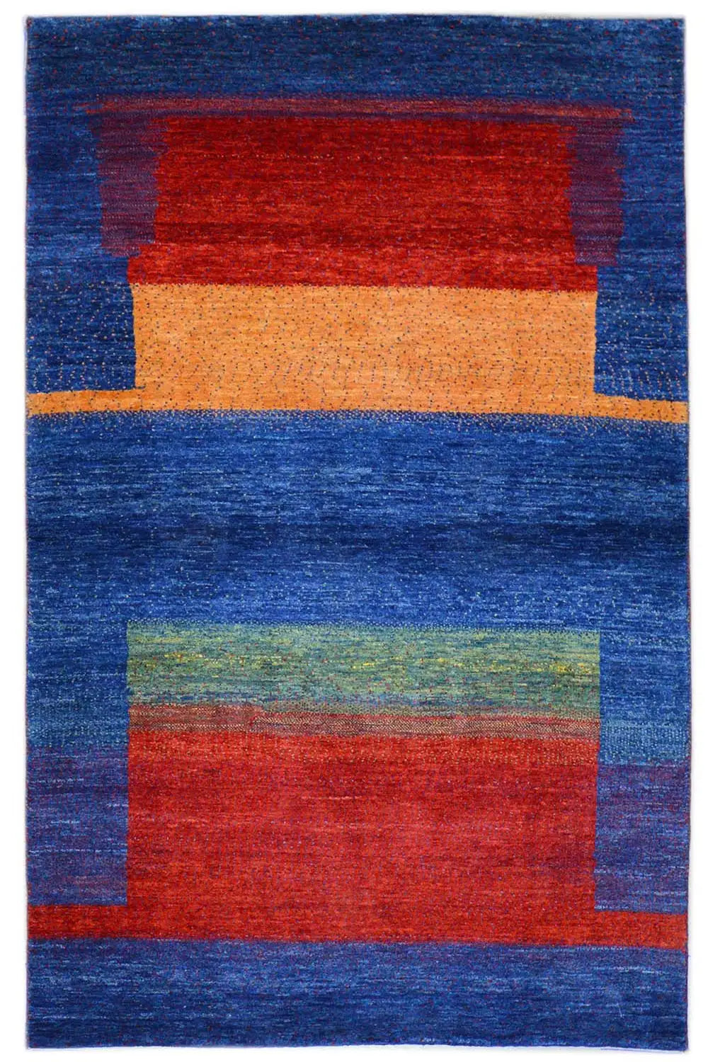 Gabbeh rug (168x105 cm) with geometric color bands in blue, red, green, and orange