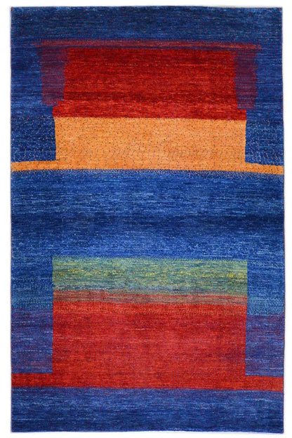 Gabbeh rug (168x105 cm) with geometric color bands in blue, red, green, and orange