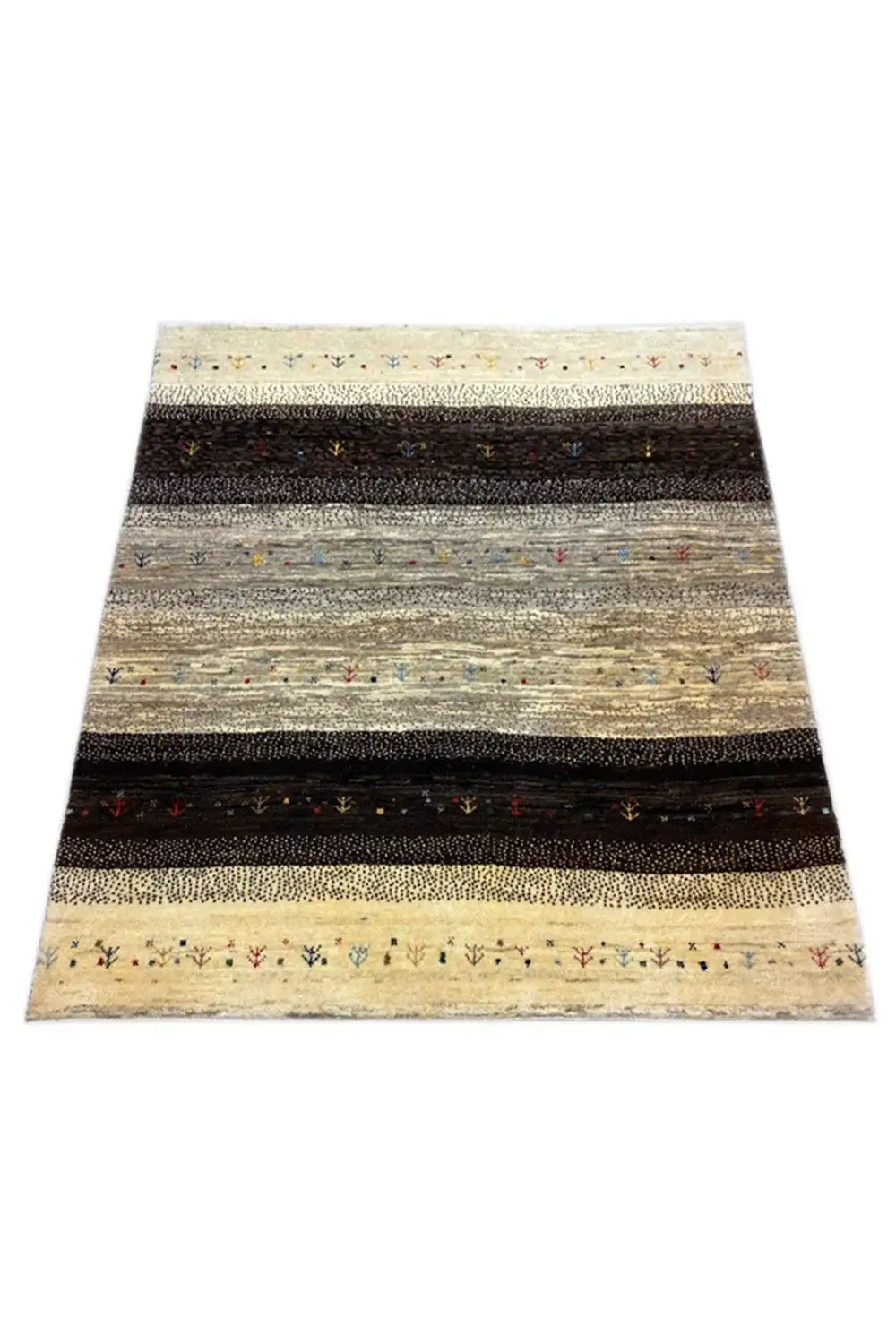 Gabbeh rug 122x116 cm with diagonal stripes, mottled gray, and a beige border