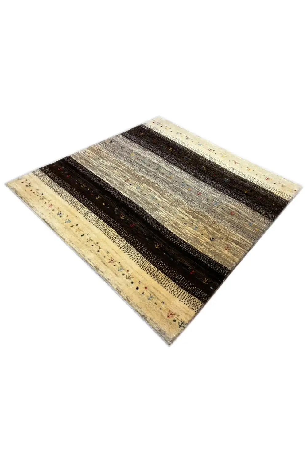Gabbeh rug 122x116 cm, appearing square: beige border, dark central stripes, fine patterns