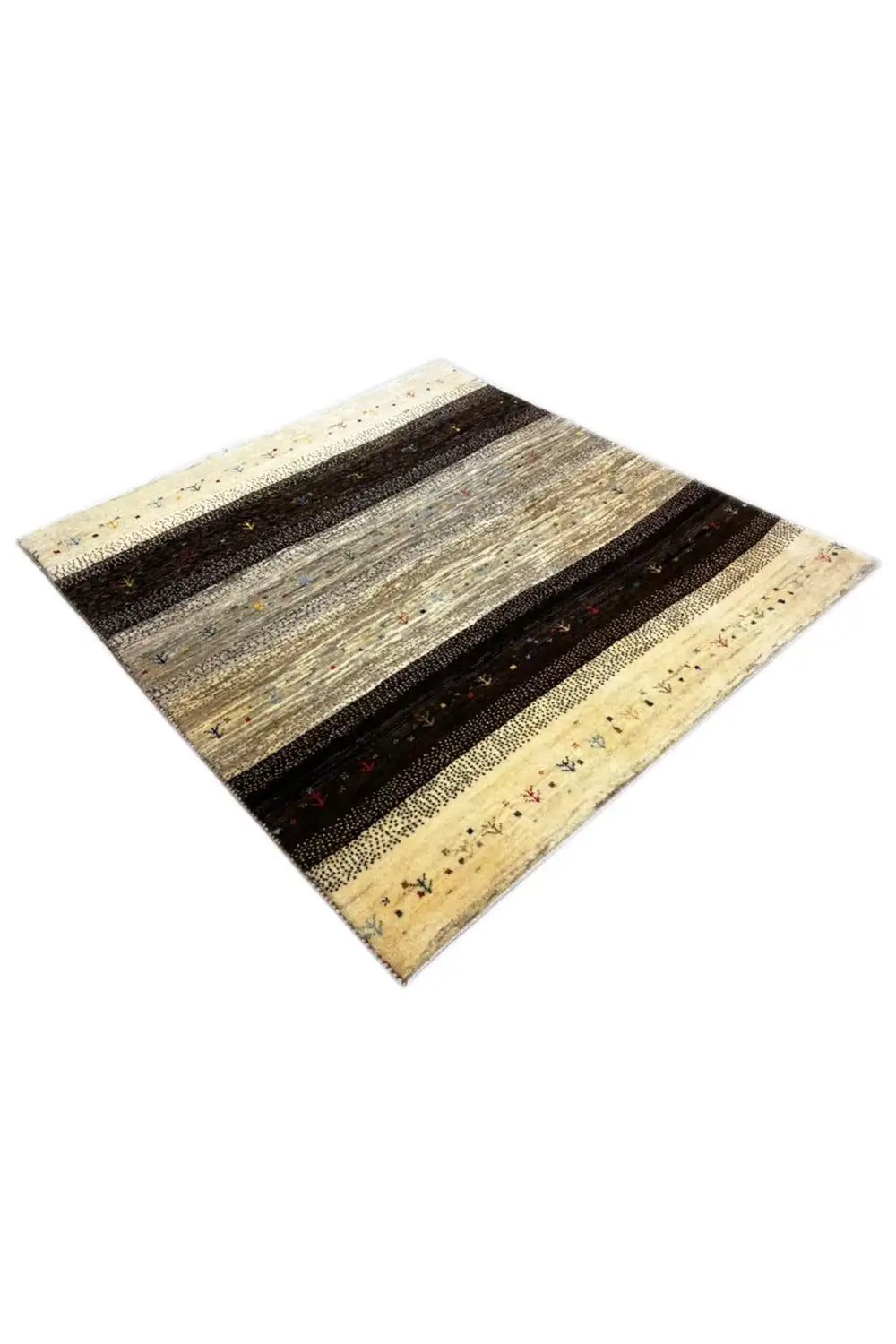 Gabbeh rug 122x116 cm in triangular perspective: light base color, dark stripes