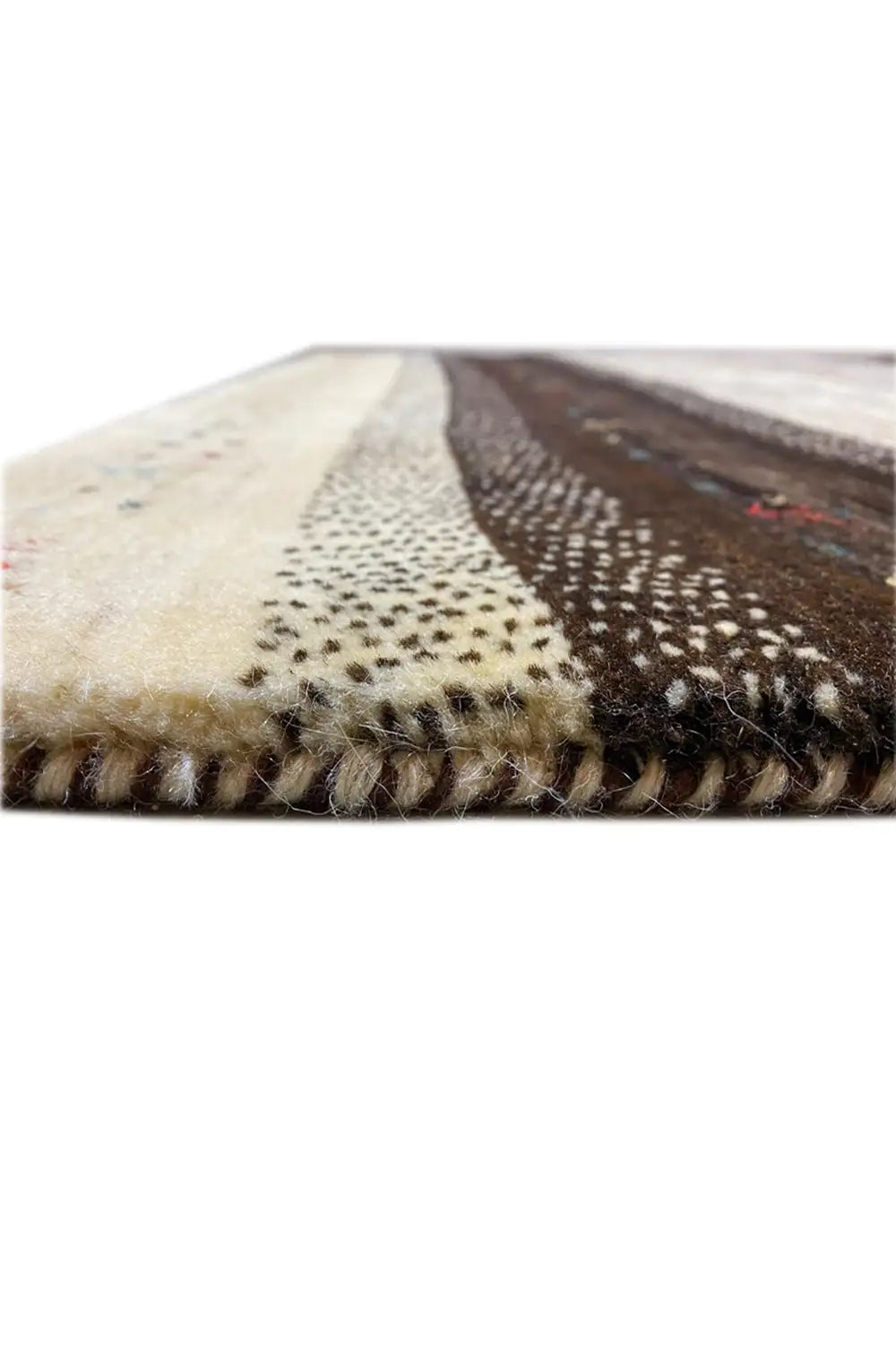 Gabbeh rug 122x116 cm close-up: pile and edge fringes, beige and brown tones