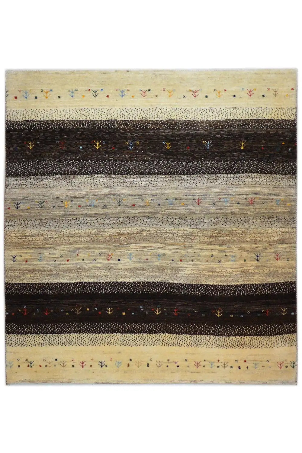Gabbeh rug 122x116 cm with stripes in beige, gray, and dark brown, as well as colorful accents