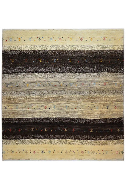 Gabbeh rug 122x116 cm with stripes in beige, gray, and dark brown, as well as colorful accents