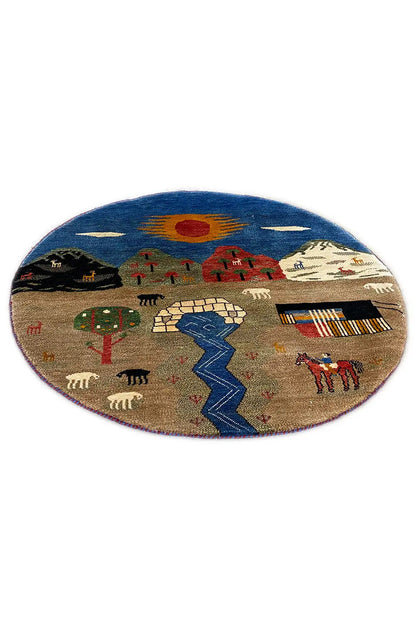 Round Gabbeh rug (103x103 cm) with animal and landscape motifs in blue and beige