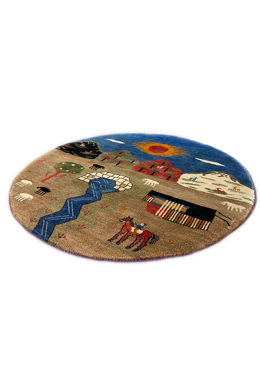 Round Gabbeh rug (103x103 cm) with a central figurative motif, blue and beige