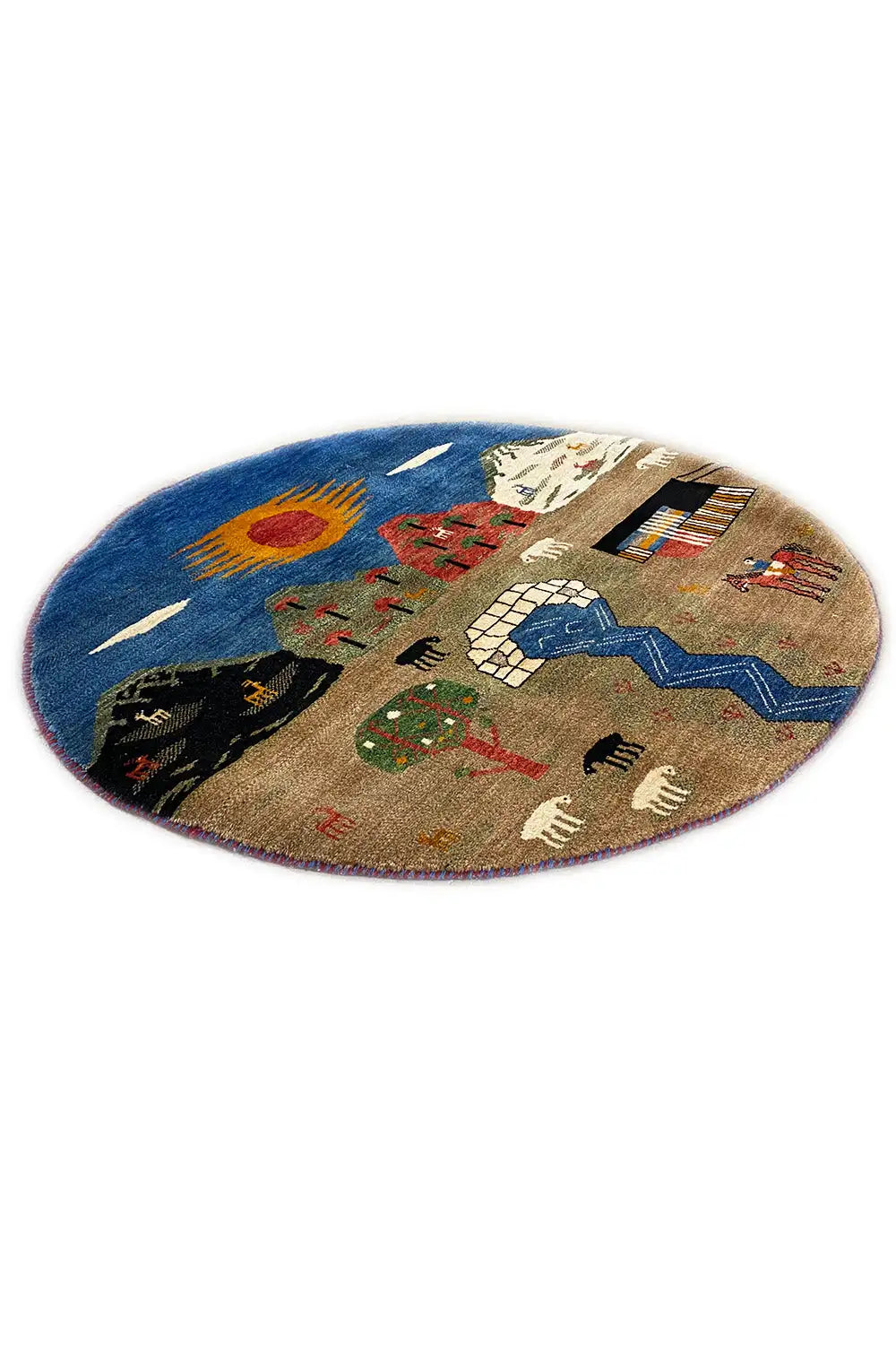 Round Gabbeh rug (103x103 cm) with colorful motifs, sun and animal designs