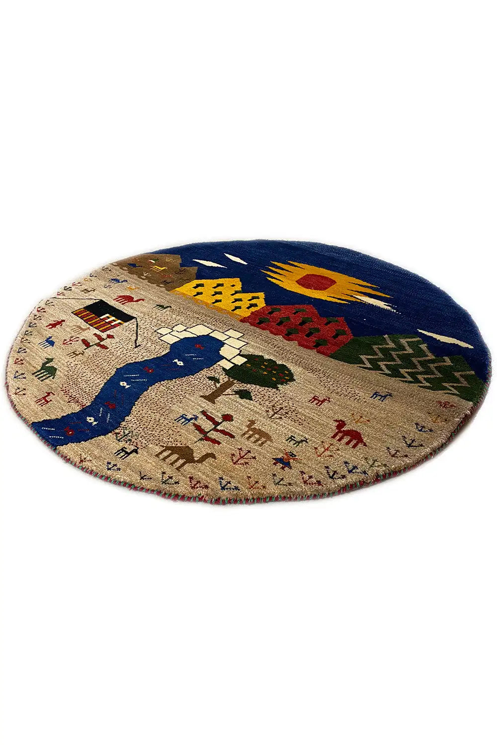 Round Gabbeh rug: beige with a blue horse, houses, and animal figures