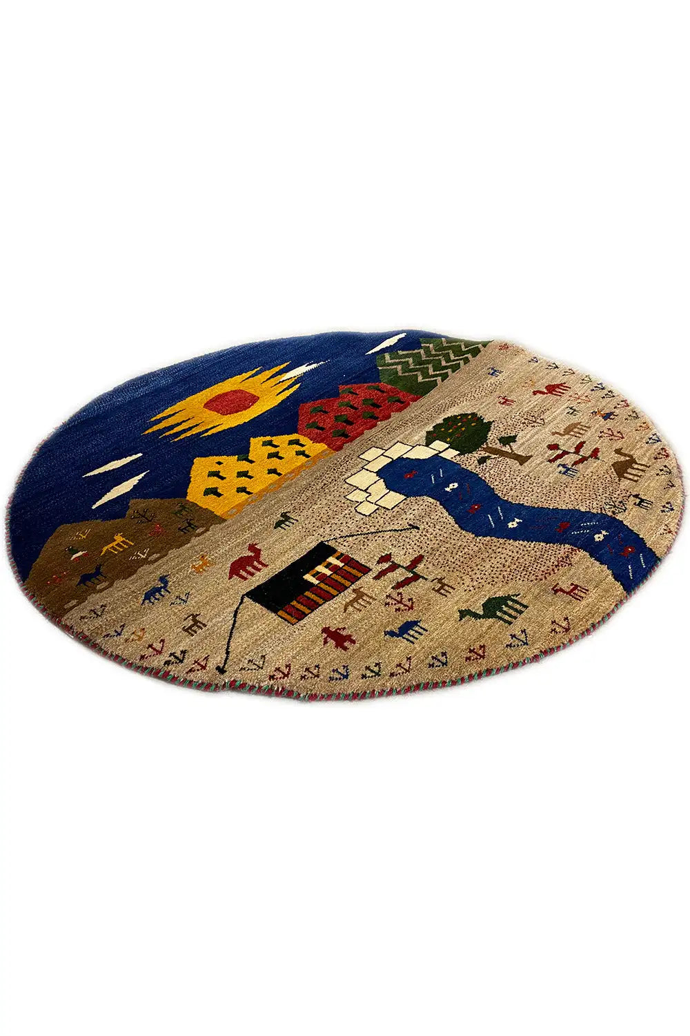 Round Gabbeh rug: beige with a blue horse and colorful sections with houses