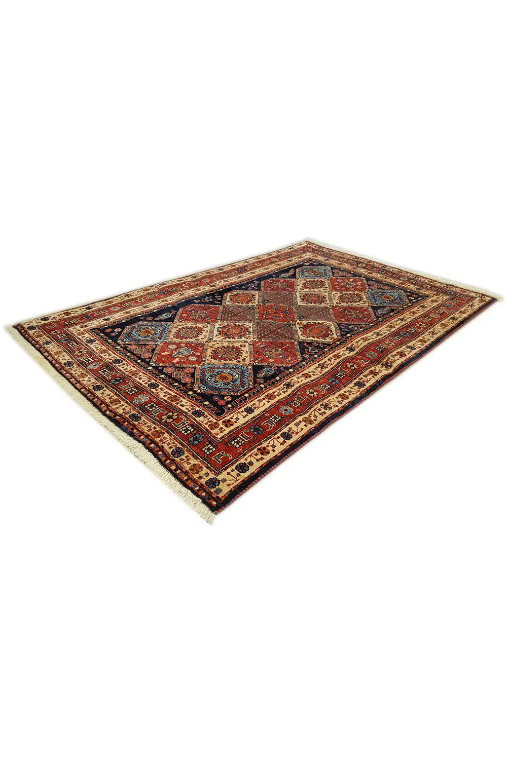 Rectangular rug, draped diagonally, with a dark blue-red ornament and border