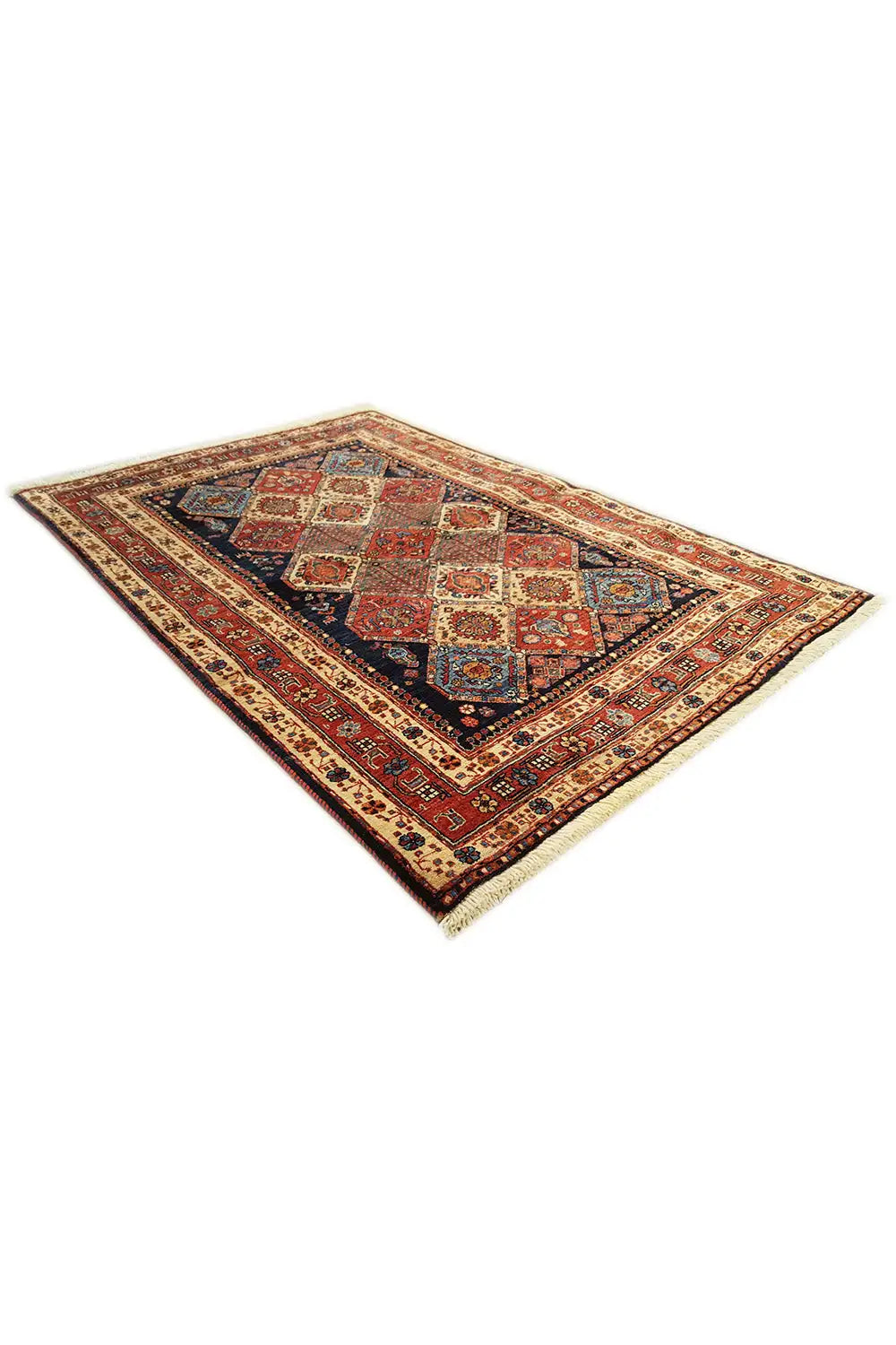 Rectangular rug with a square medallion and multicolored ornaments, diagonal