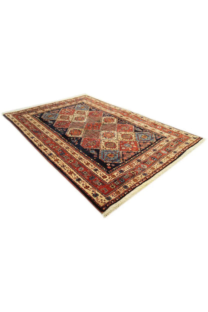Rectangular rug with a square medallion and multicolored ornaments, diagonal