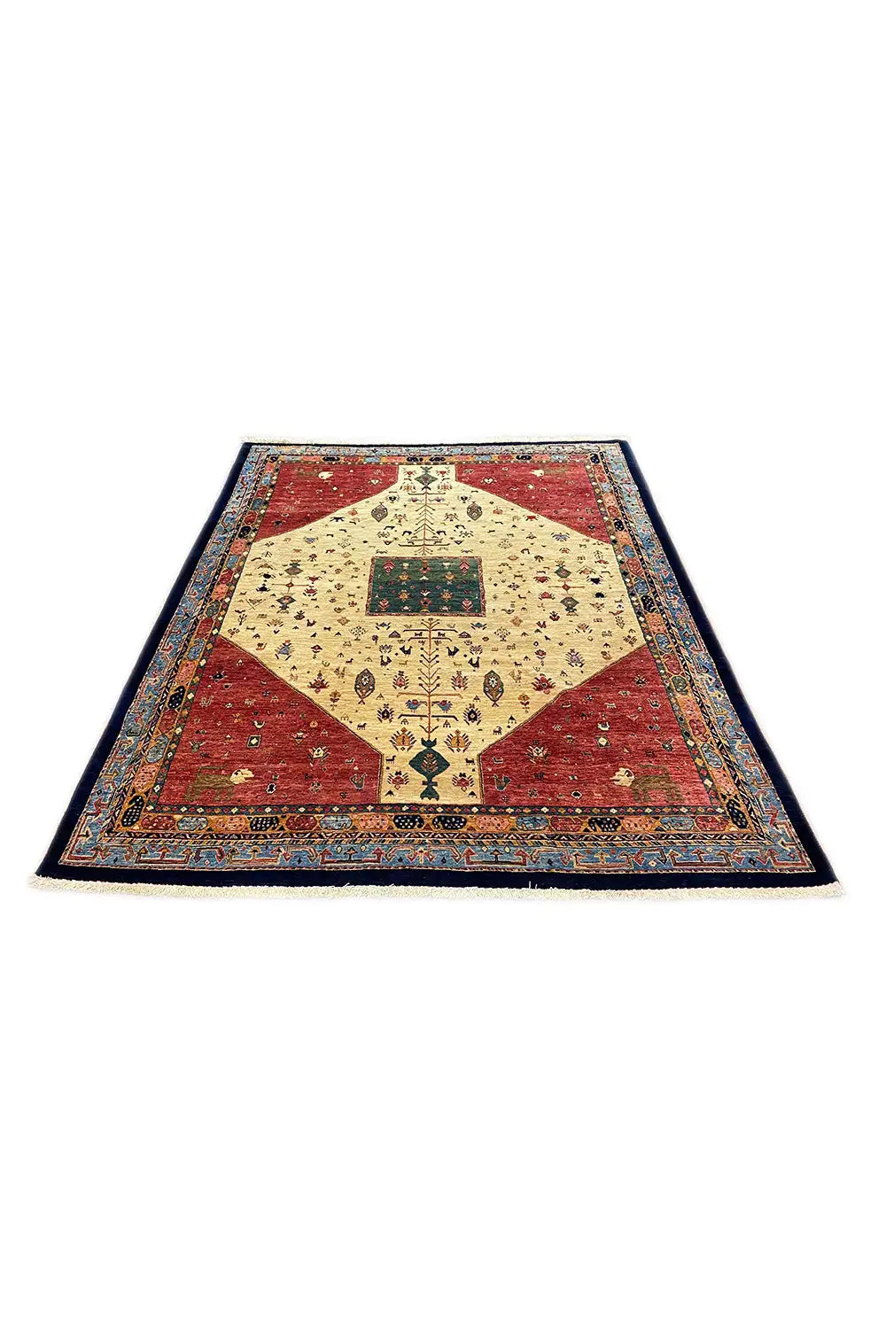 Large rug with a red and beige central pattern, dark blue border