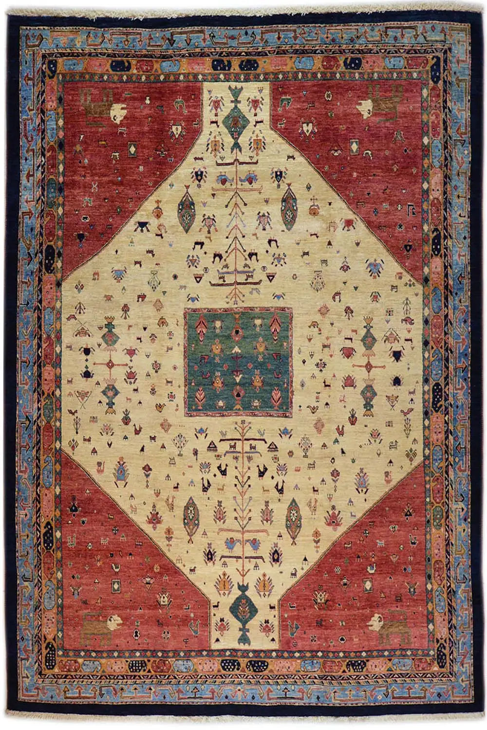 Oriental rug with a red central medallion, beige field, and blue border