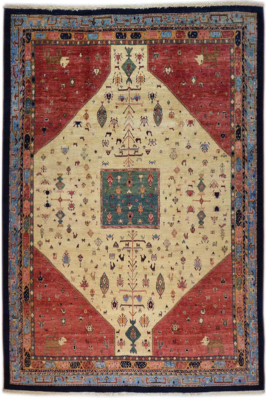Oriental rug with a red central medallion, beige field, and blue border