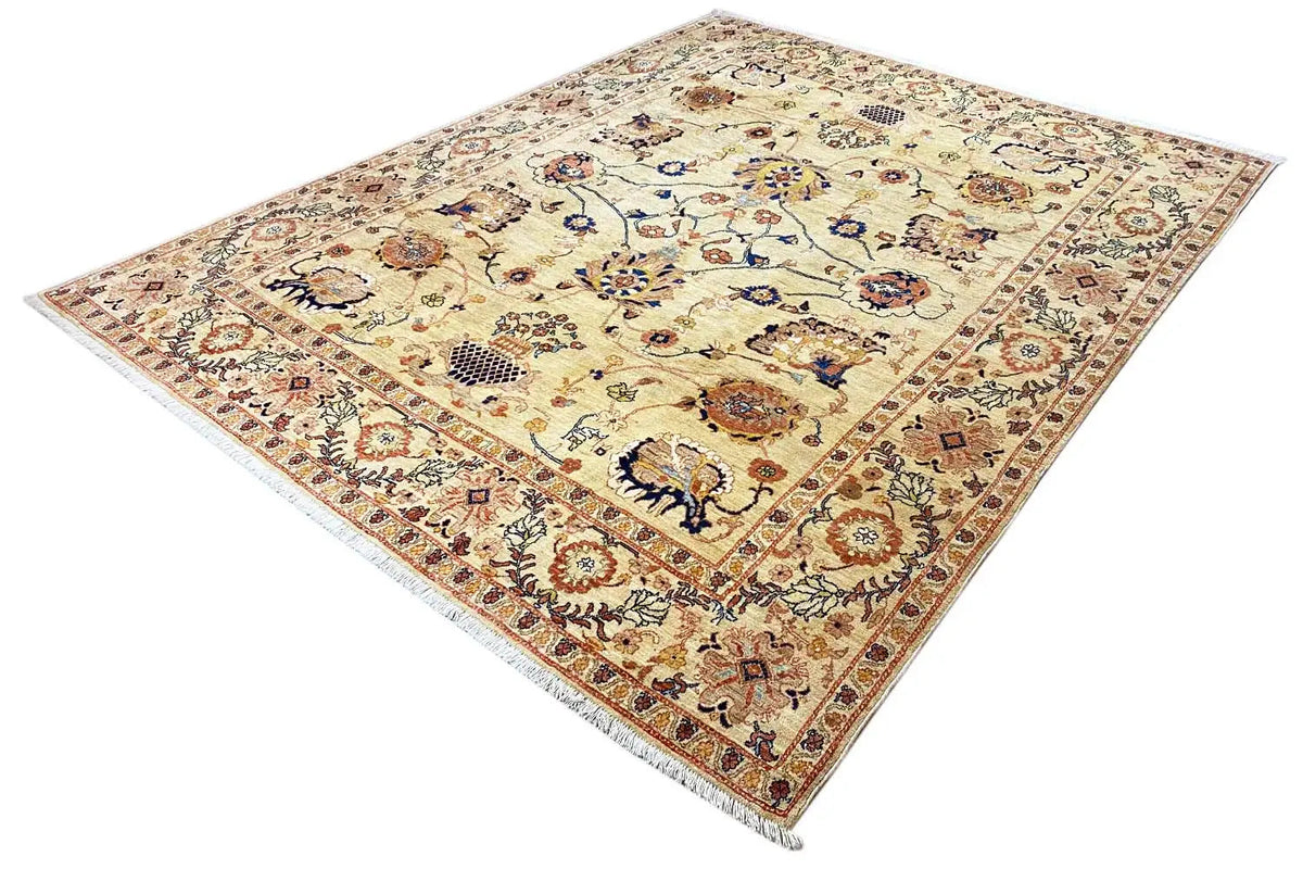 Sultan Abad rug, exclusive oblique view: floral pattern and framed border, cream & multicolored
