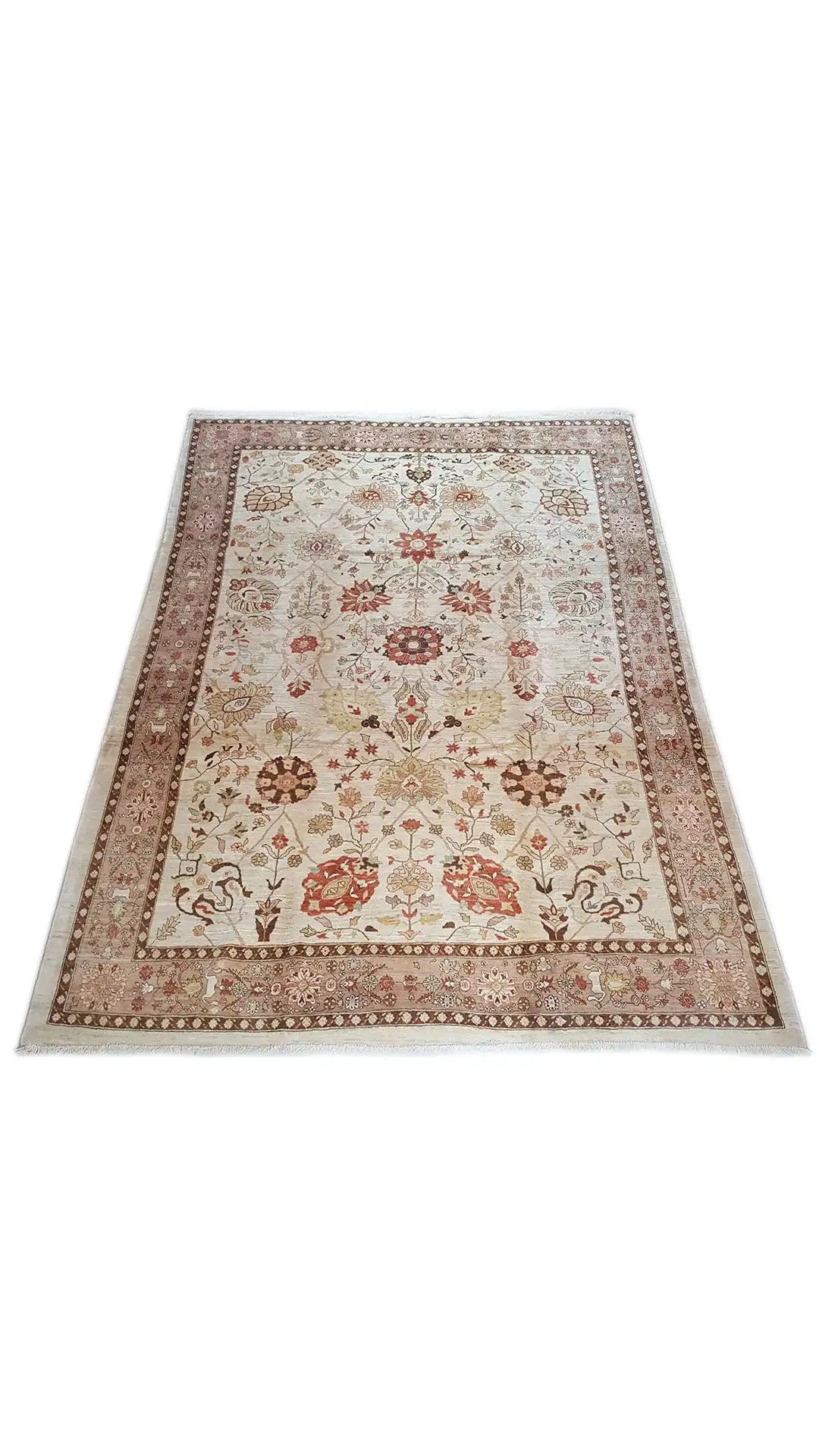 Oriental rug with a beige background, brown border, and floral ornaments