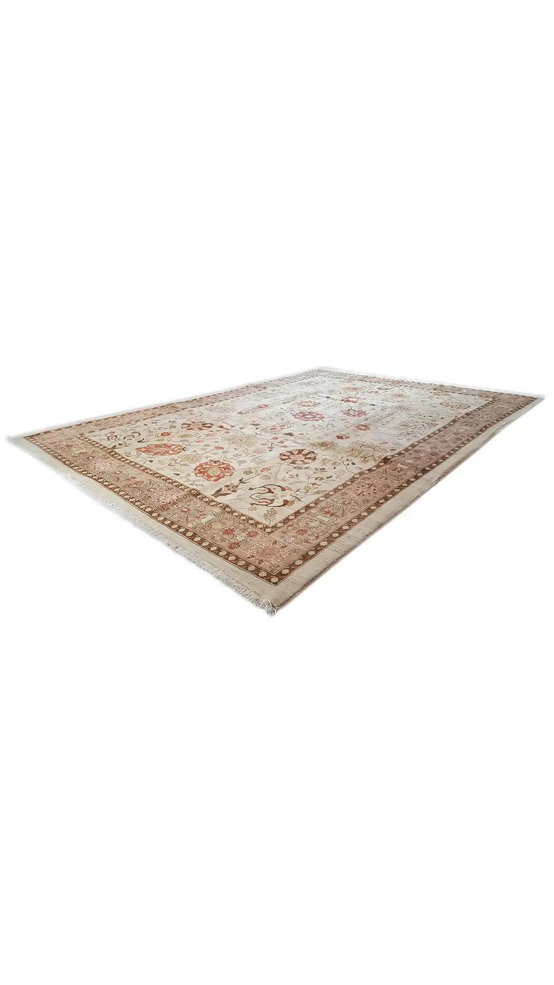 Oriental rug draped diagonally with a beige pattern and brown decorative border