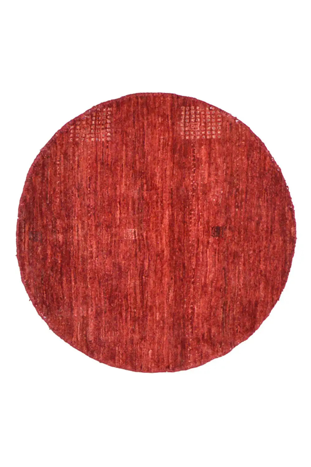 Round red Gabbeh textile with a vertical thread structure