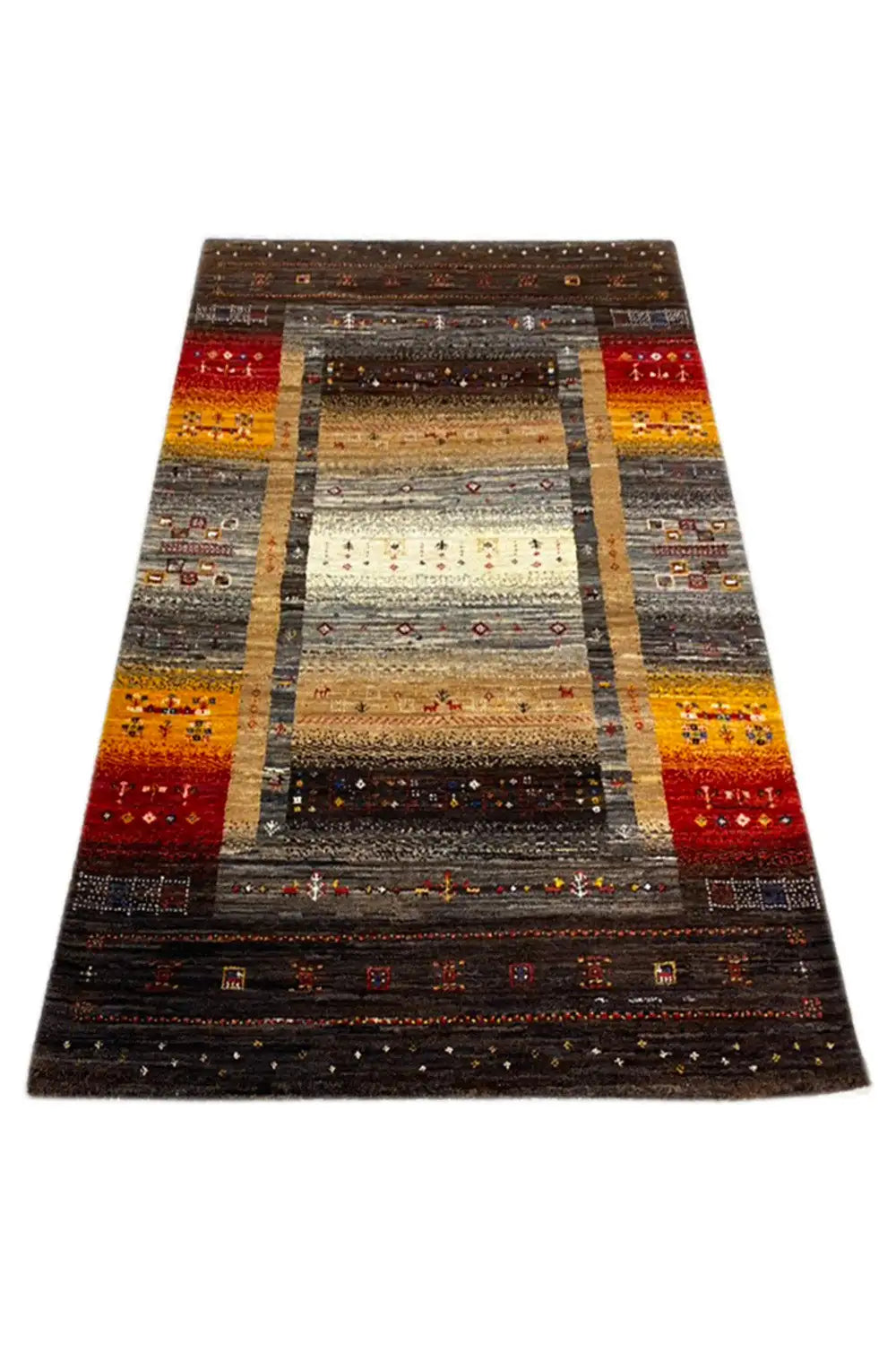Gabbeh rug 130x83 cm, viewed diagonally from above: brown, red, yellow, and gray central stripe