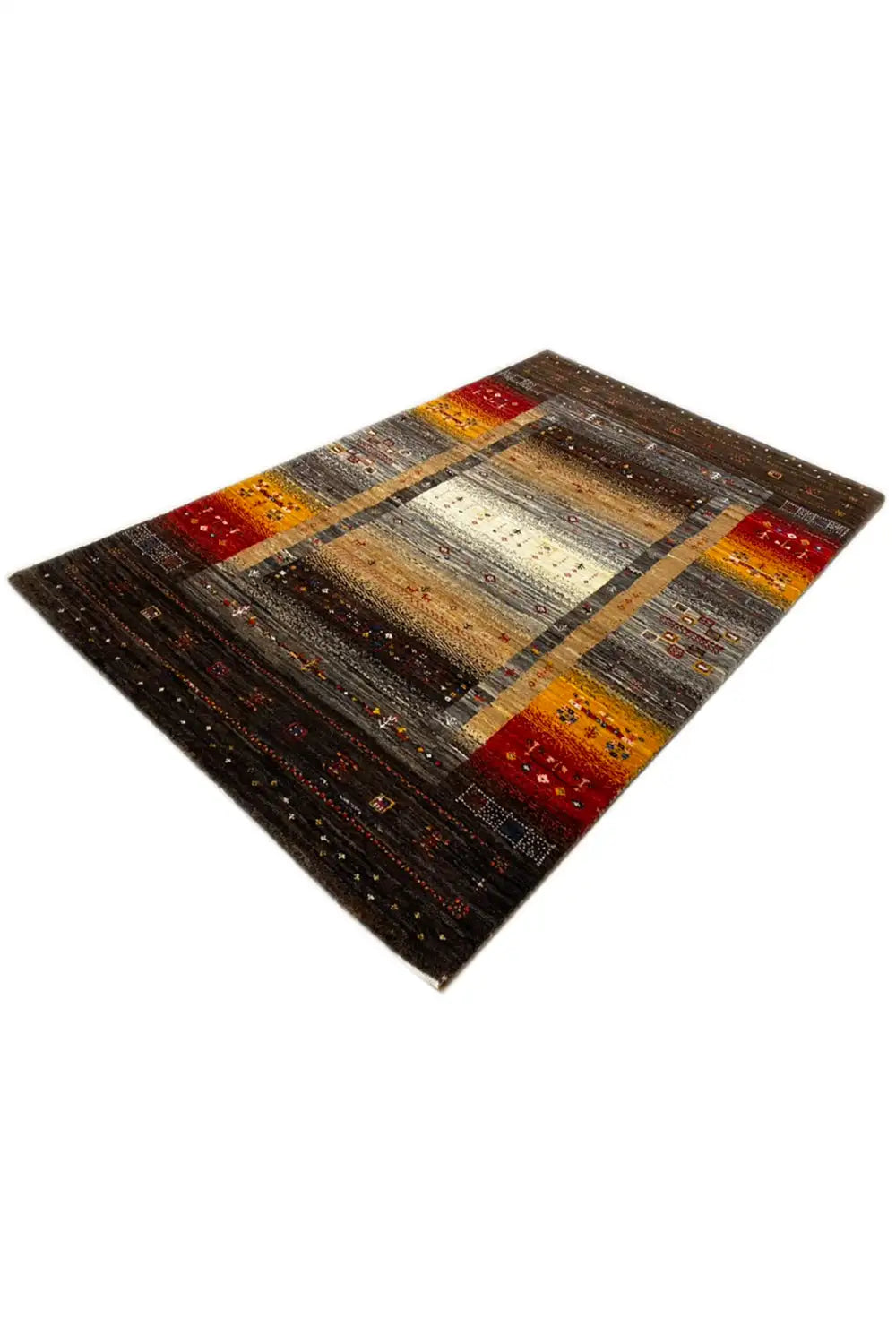 Gabbeh rug 130x83 cm, diagonal view with multicolored geometric stripes
