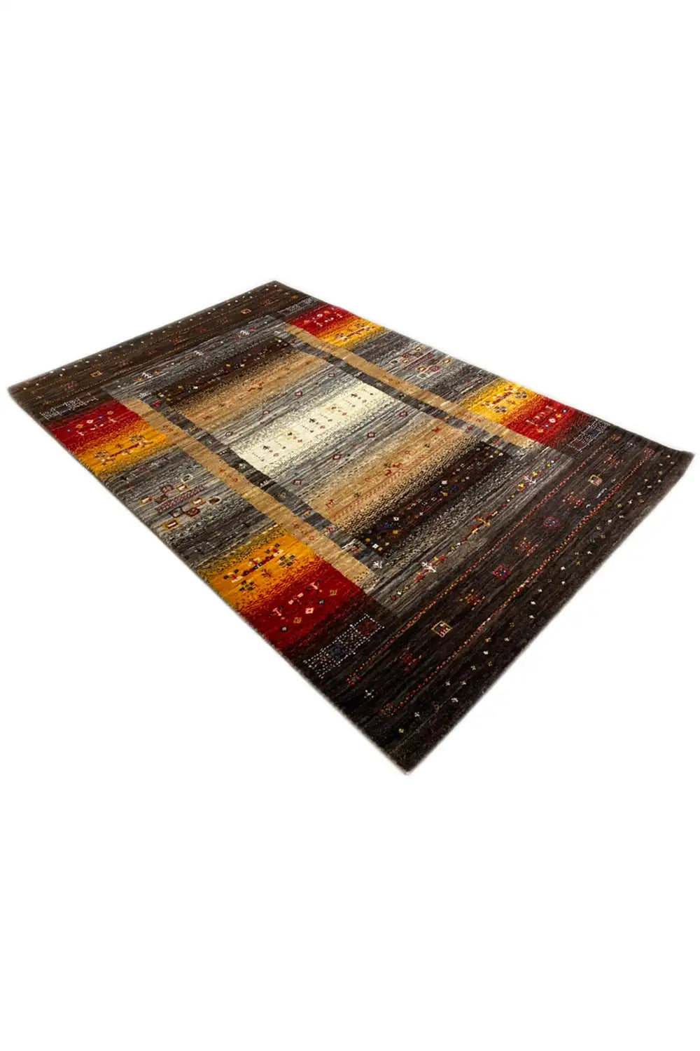 Gabbeh rug 130x83 cm, three-quarter view with yellow and red fields and decorative borders