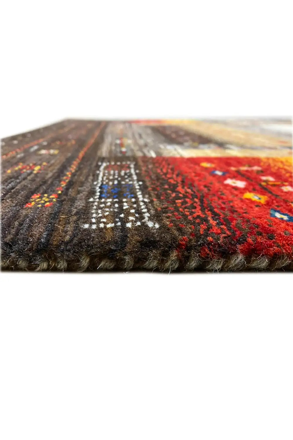 Gabbeh rug 130x83 cm close-up: colorful border, woven pile and edges