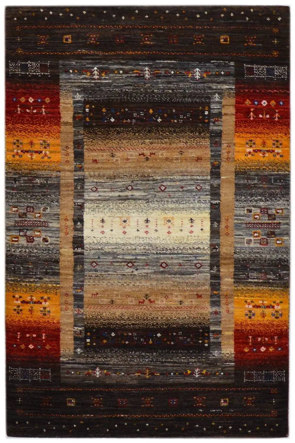 Gabbeh rug 130x83 cm with a brown background, red and yellow borders, and patterns
