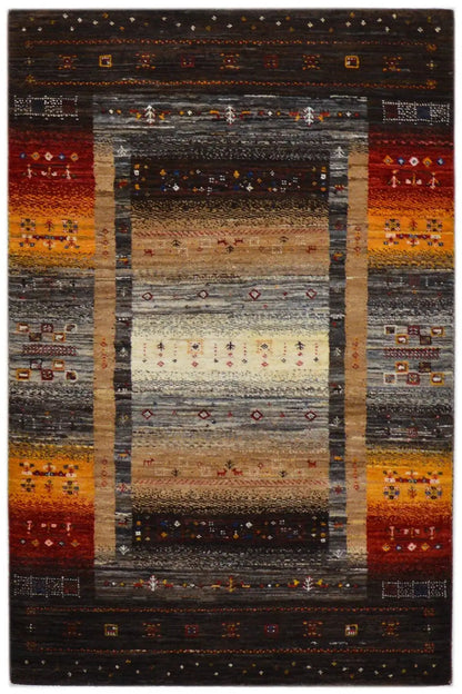 Gabbeh rug 130x83 cm with a brown background, red and yellow borders, and patterns