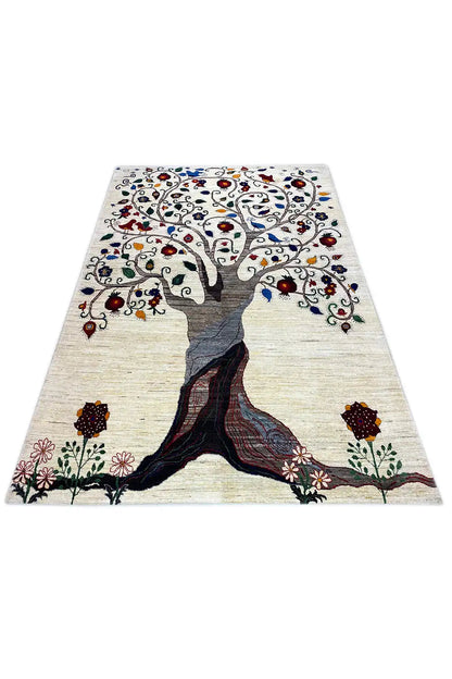 Oriental rug with tree and ornamental design, beige base color