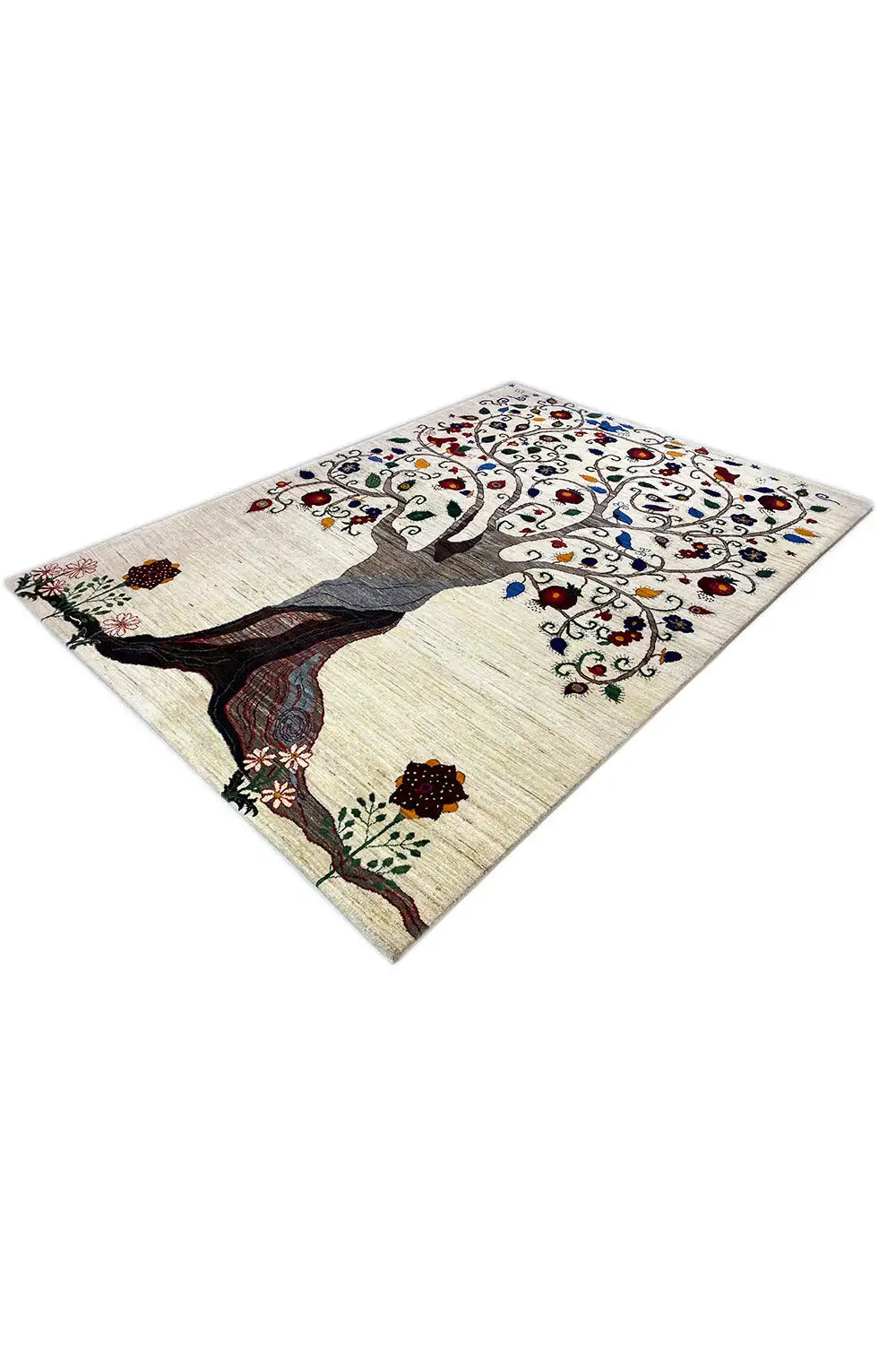 Oriental rug, diagonal view with a tree and colorful ornaments