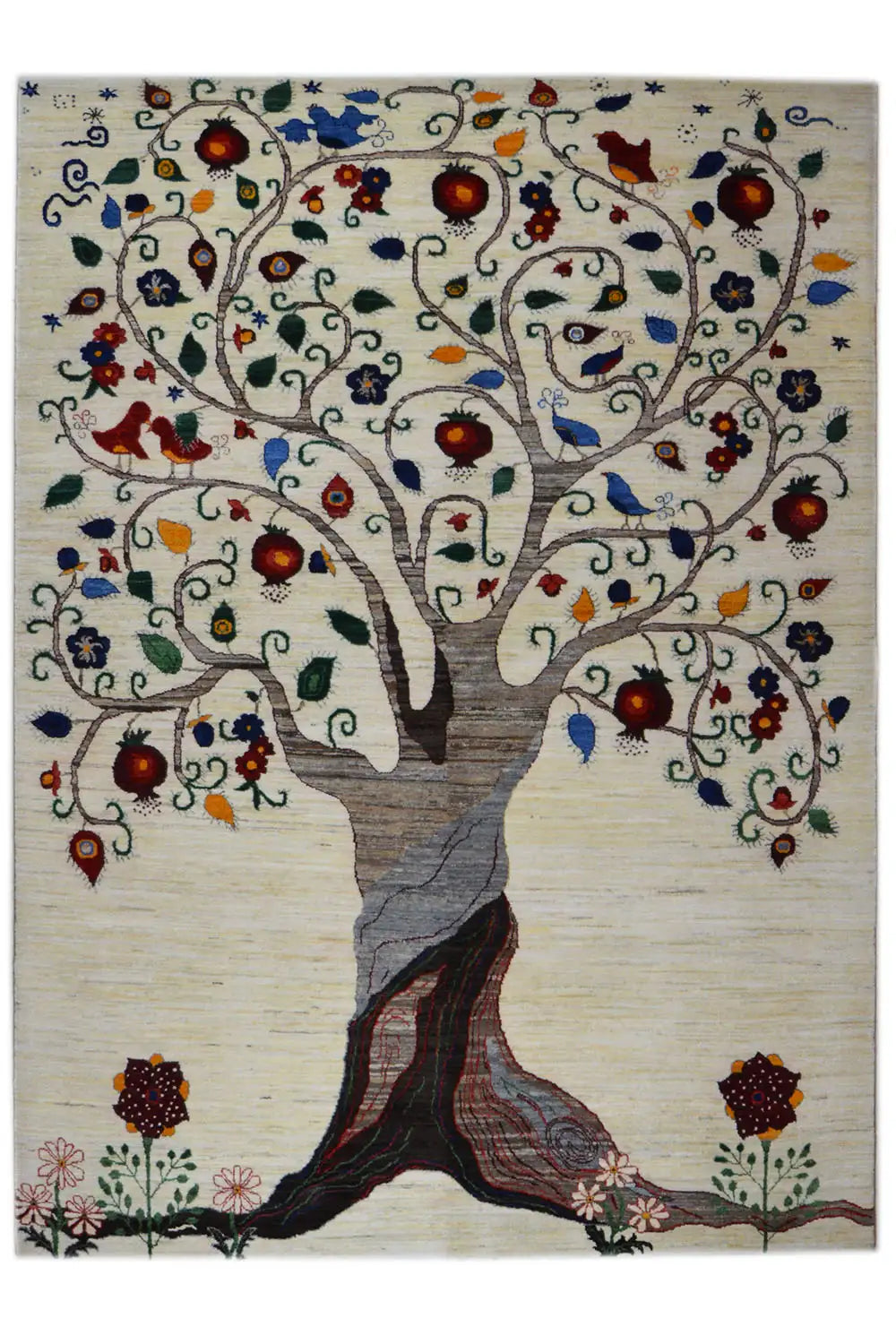 Oriental rug with a tree motif in beige, blue, red, and a dark trunk
