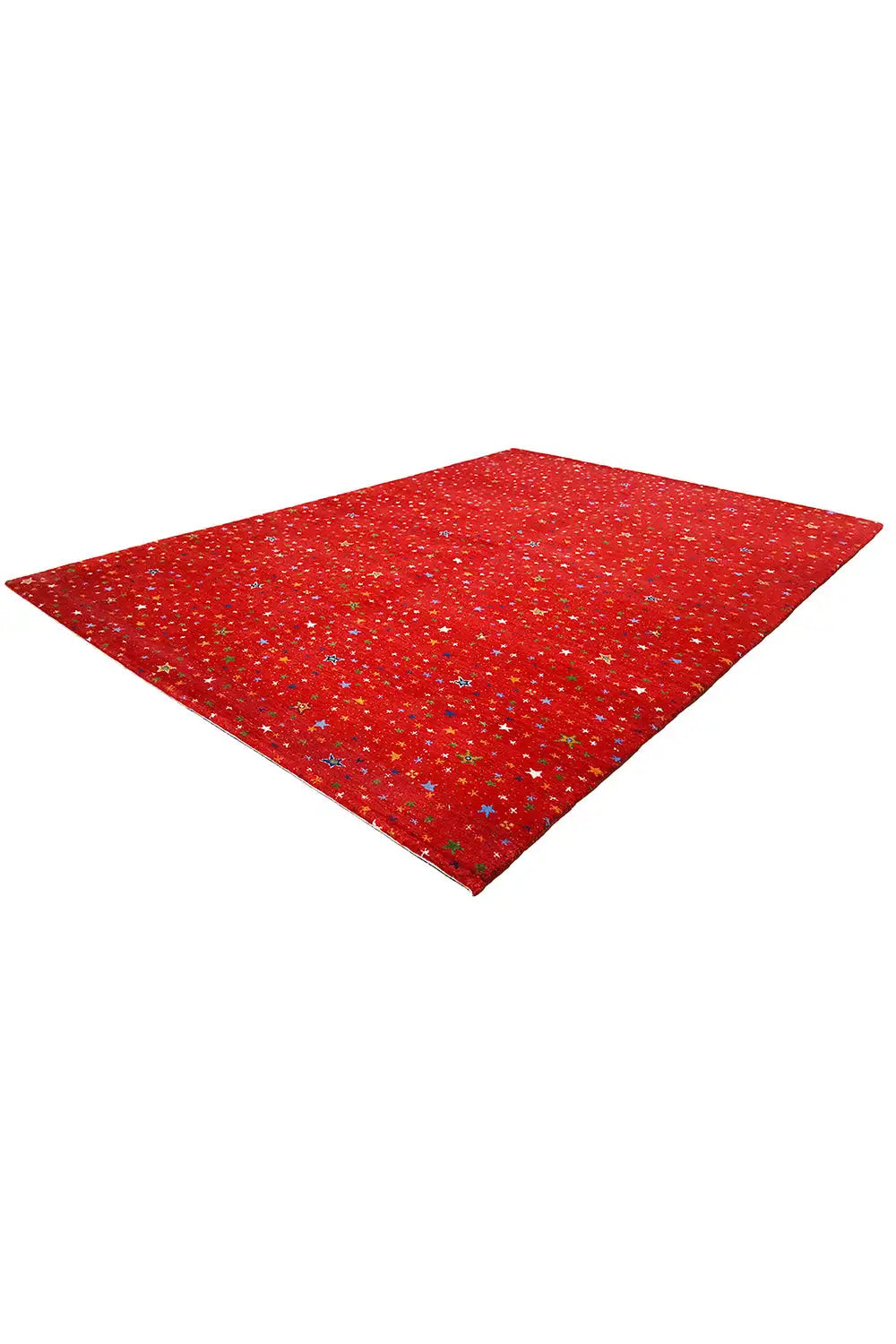 Gabbeh rug “Lori” 246x176 cm, red flatweave rug with a star pattern and fringes