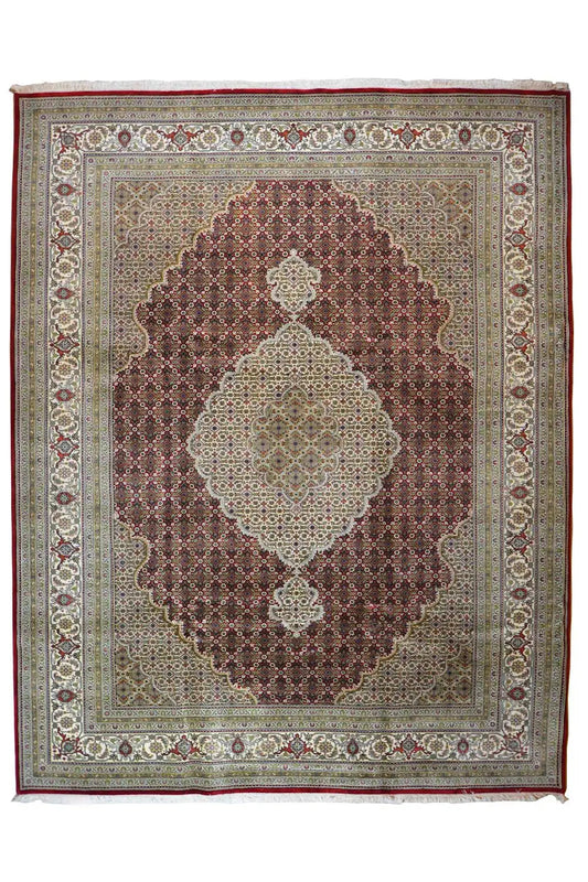 Indo Tabriz rug with a central medallion, border, and floral patterns in cream and Bordeaux