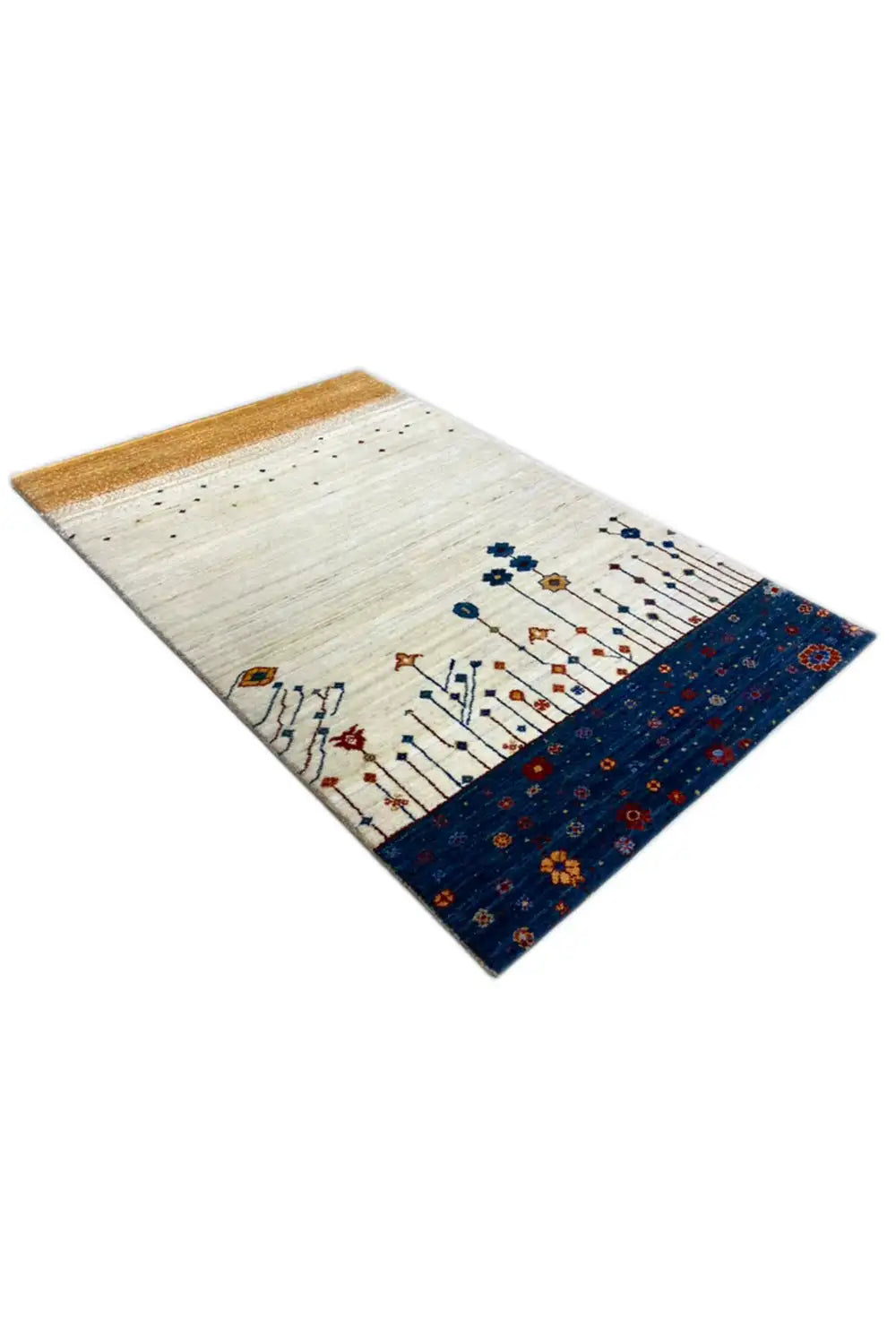 Gabbeh rug 123x77 cm, angled, light field with vine ornaments and blue border.strip