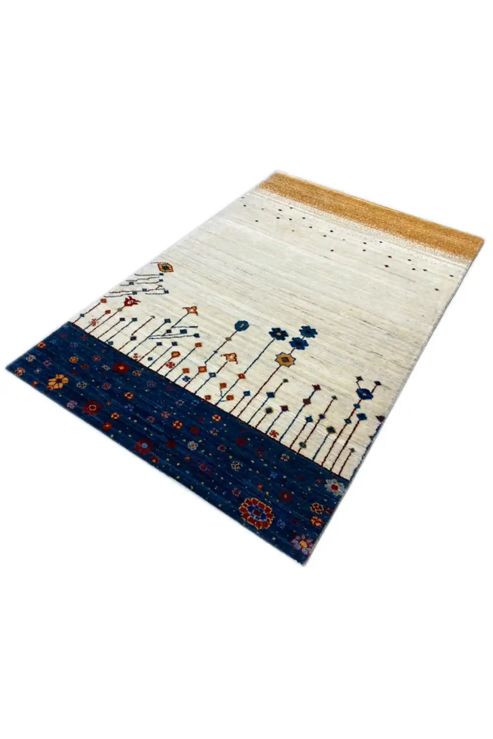 Gabbeh rug 123x77 cm, angled view, white pile with vines and a dark striped border