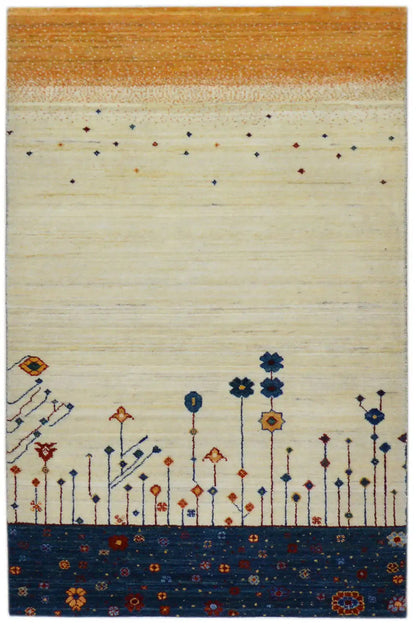 Gabbeh rug 123x77 cm with a light background, blue/red vine pattern, and border at the bottom