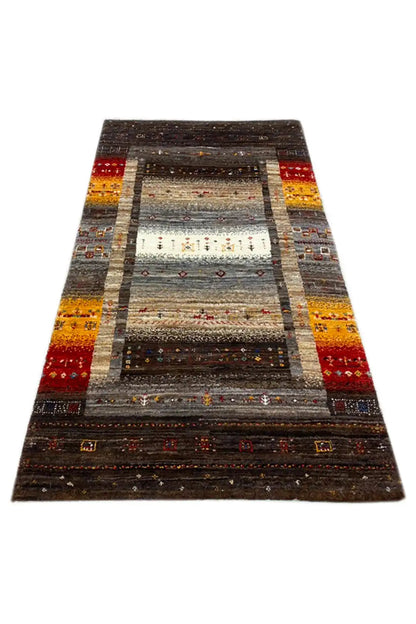 Rectangular rug with border stripes in red, yellow, and brown, as well as medium gray tones