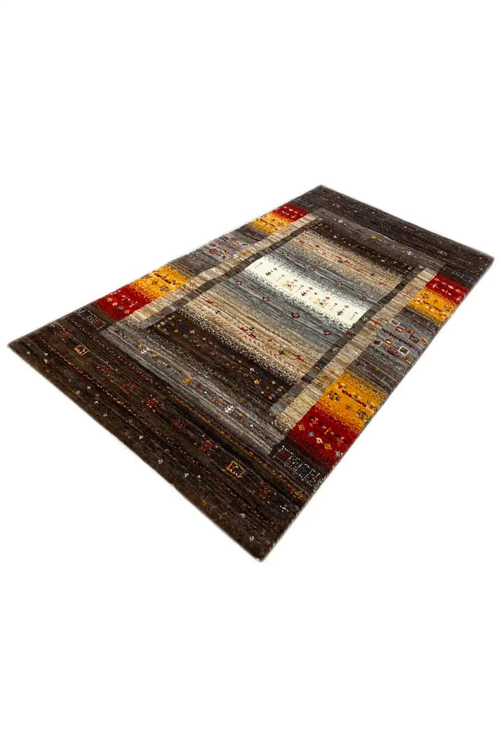 Rug in diagonal view with multicolored borders and a central medallion in gray and brown