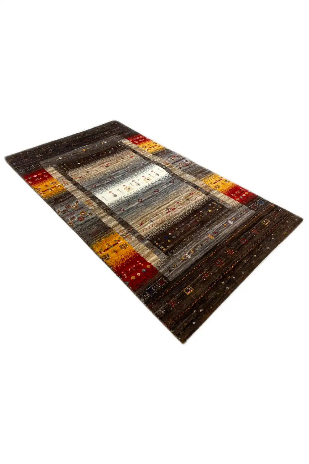 Carpet shown at an angle with red/yellow decorative bands along the edges, gray-brown