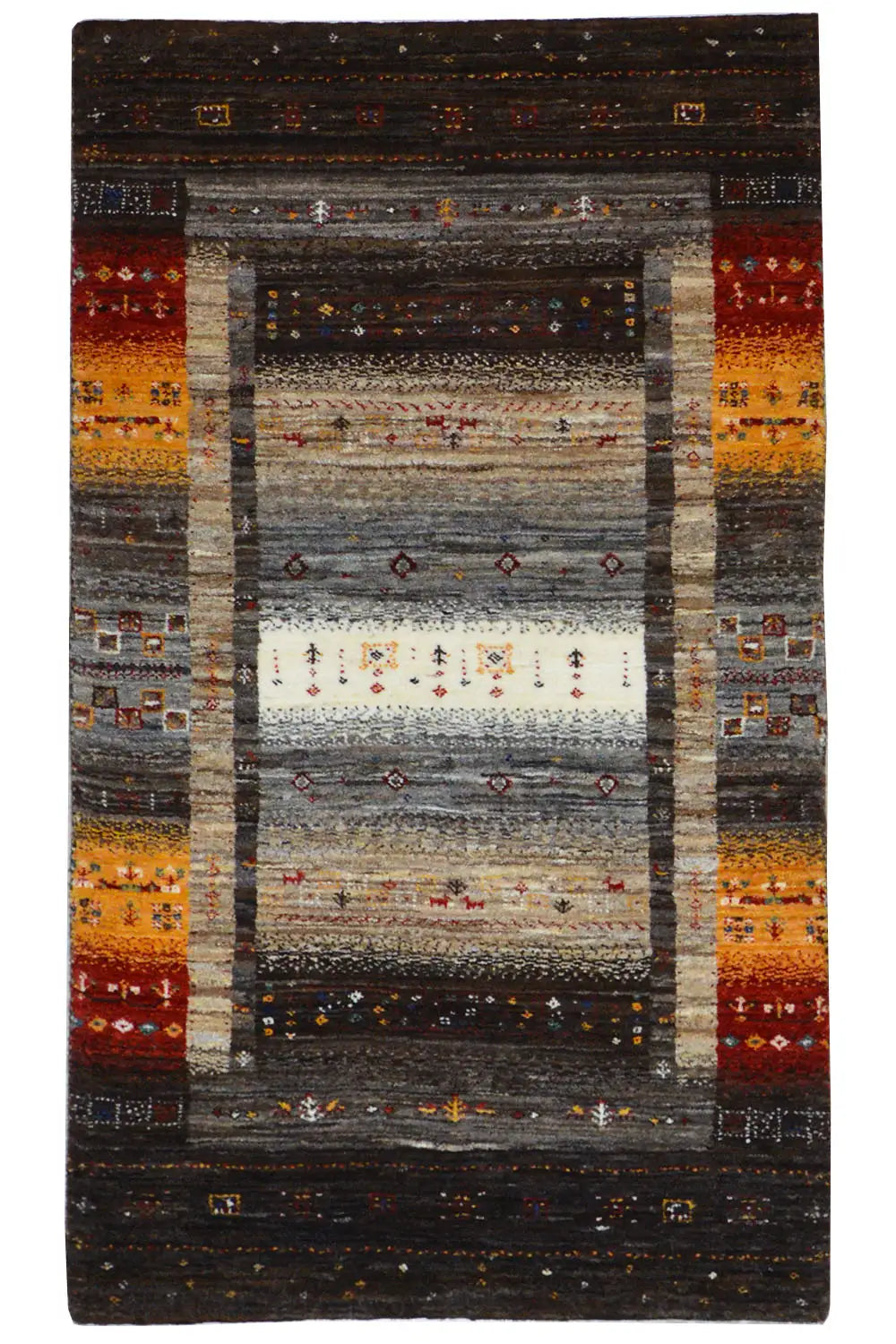 Rug with a geometric pattern in dark brown and warm red/yellow tones, rectangular