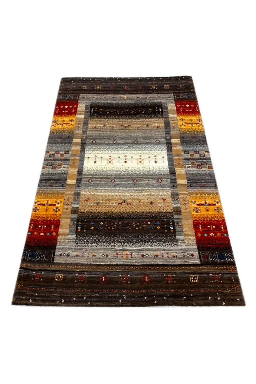 Gabbeh rug 123x79 cm, geometric stripes and border, dark brown with red and beige