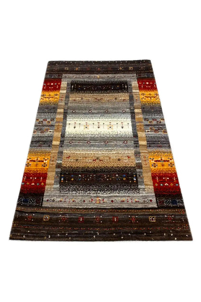 Gabbeh rug 123x79 cm, geometric stripes and border, dark brown with red and beige