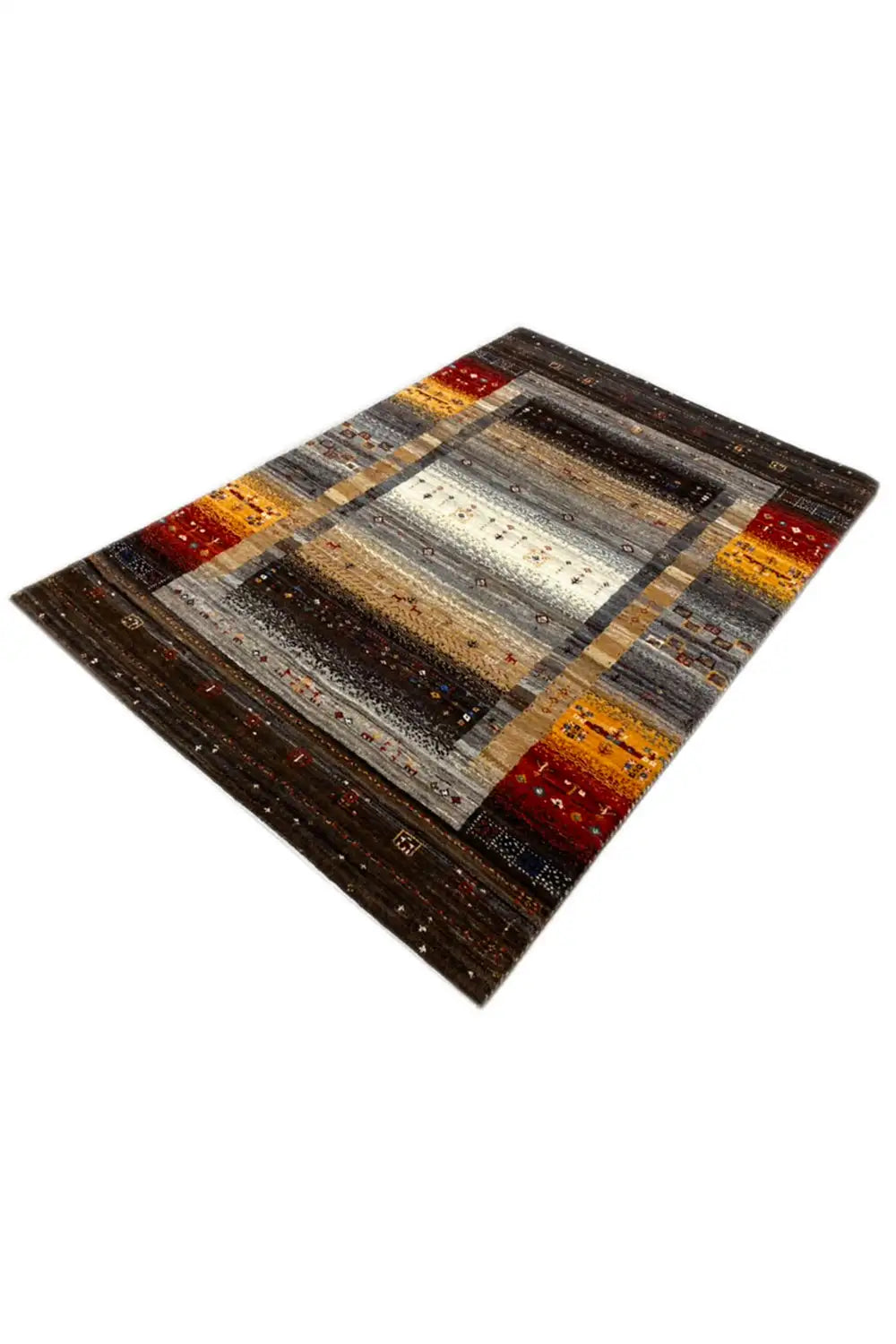 Gabbeh rug 123x79 cm, diagonal view with central medallion, dark brown/gray/red