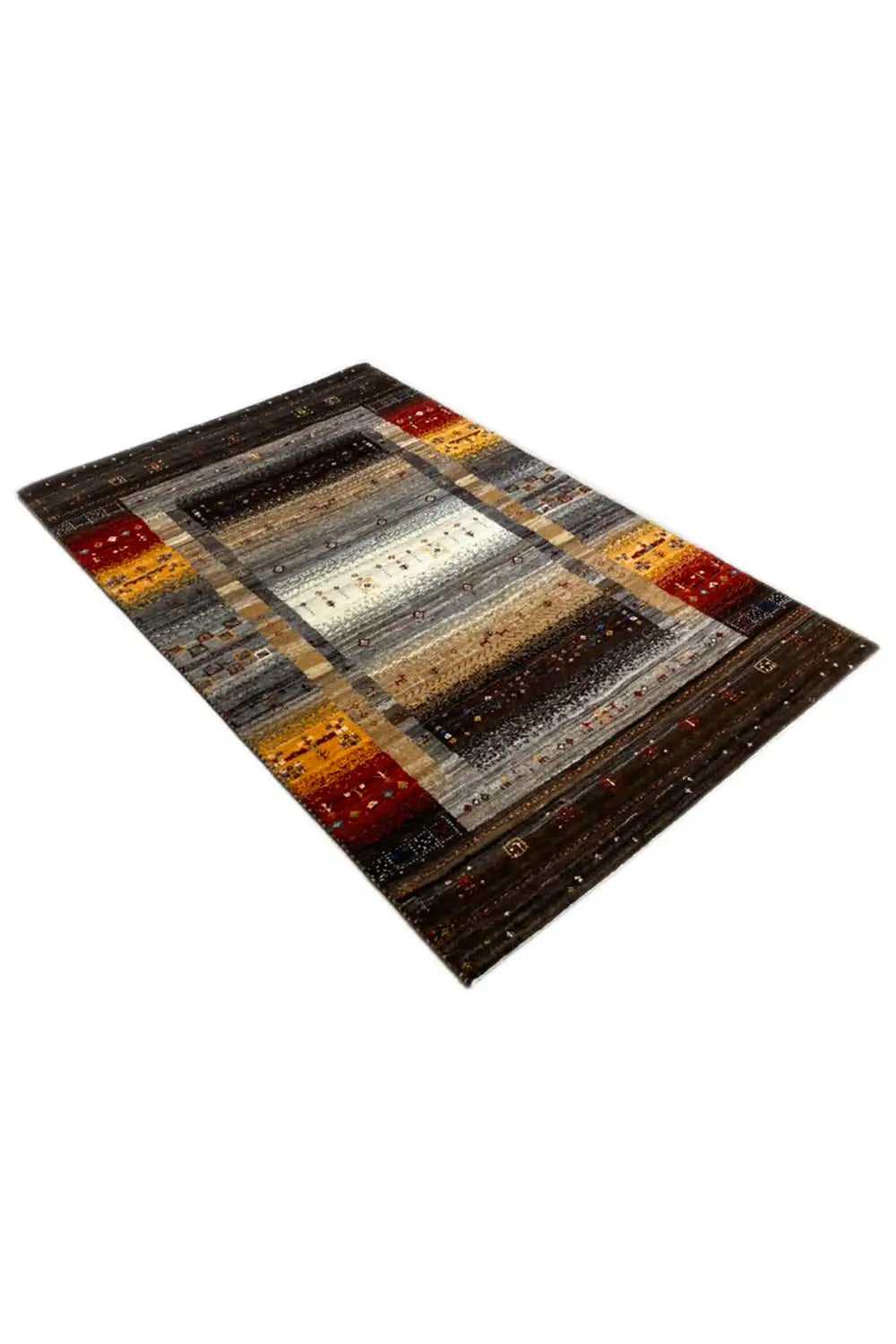 Gabbeh rug 123x79 cm, twisted, with a decorative border in dark brown and yellow/red