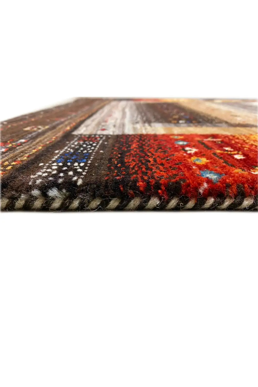 Gabbeh rug 123x79 cm, border detail with fringes and red patterned areas