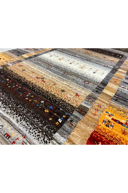 Gabbeh rug 123x79 cm, close-up with a striped pattern in gray, beige, and red