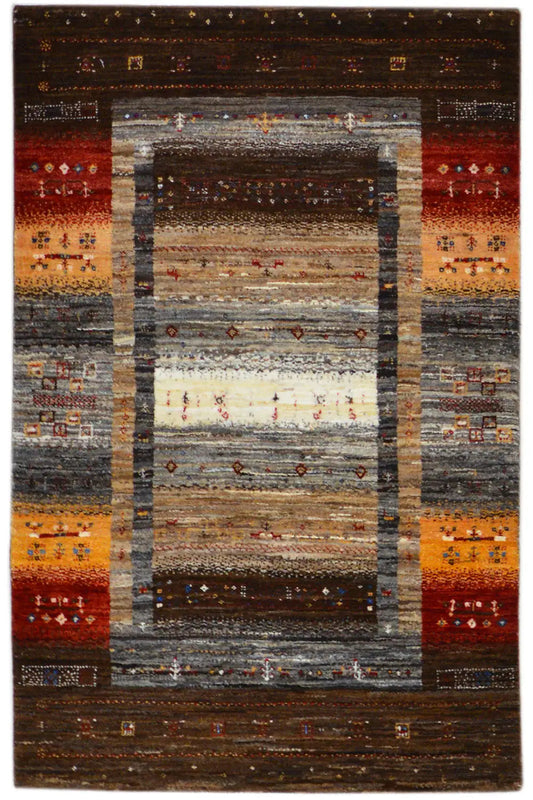 Gabbeh rug 123x79 cm with medallion and geometric pattern, dark brown/red